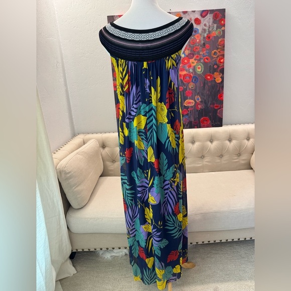 FUZZI Floral Tulle Off the Shoulder Maxi Dress Tropical Long Blue Yellow L - Picture 7 of 12